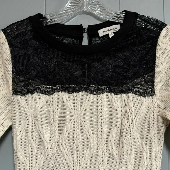 MONTEAU Cream Sweater Dress Black Lace Neckline Buttons Elbow Sleeve Size Medium - Picture 2 of 7